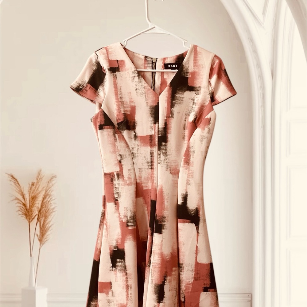 DKNY Pink and Orange Fit and Flare Midi Dress with Flutter Sleeves
